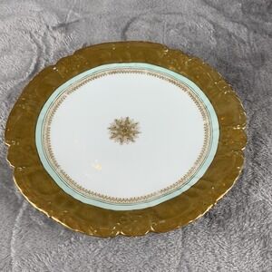 Antique B&H Limoges France Plate Gold Leaf Snowflake Sunburst Medallion Aqua